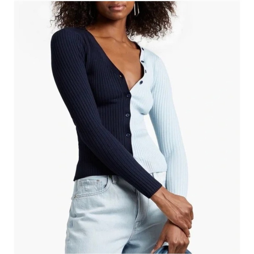 Ronny Kobo Juna Ribbed Colorblock Navy Blue Cardigan,Size L, Excellent Condition